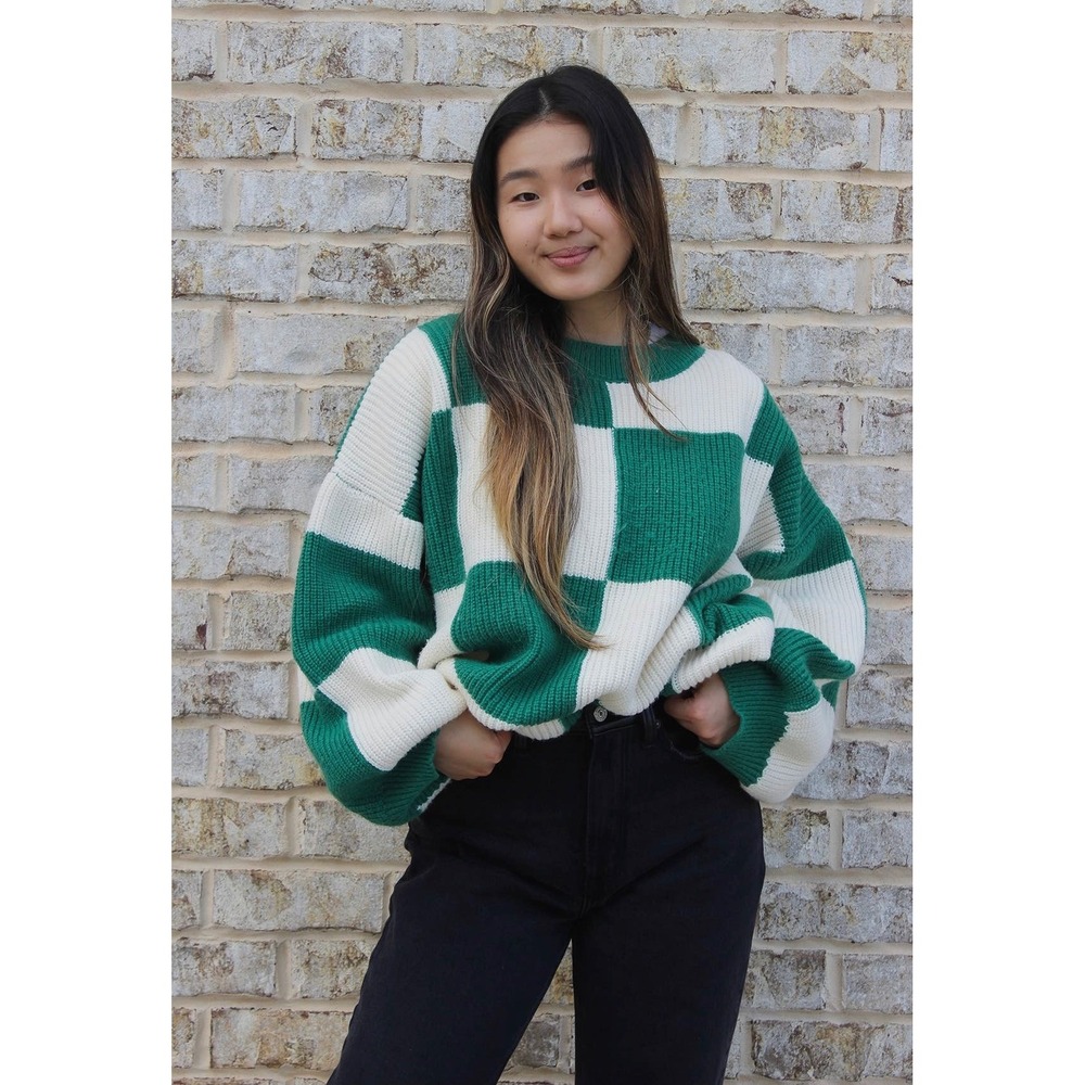 Jen & Co Women Green Cream Checkerboard Oversized Knit Sweater Pullover L/XL NWT
